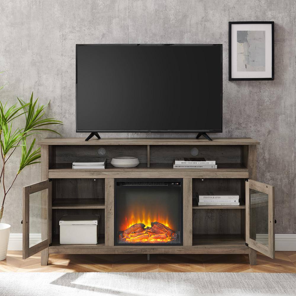 Walker Edison Furniture Company Modern Farmhouse Tall Electric Fireplace TV Stand for TV's Up to 64 in. in Grey Wash HD8113