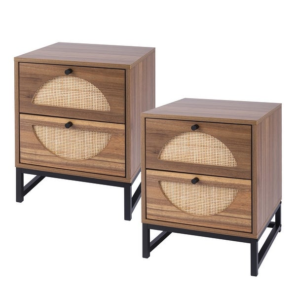 Rattan Nightstand Set of 2， Walnut End Table with 2 Natural Rattan Drawer and Metal Legs