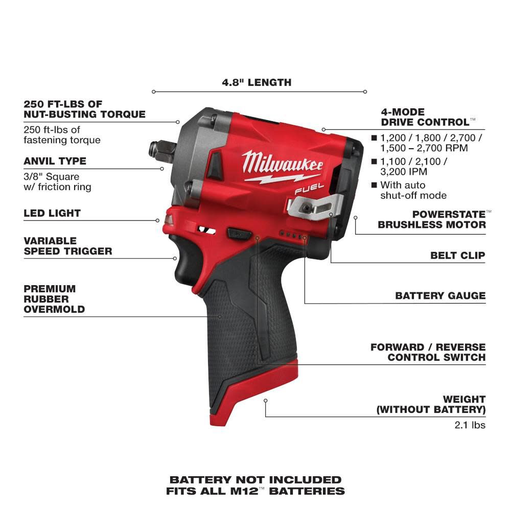 Milwaukee M12 FUEL Stubby 3/8 in. Impact Wrench 2554-20 from Milwaukee