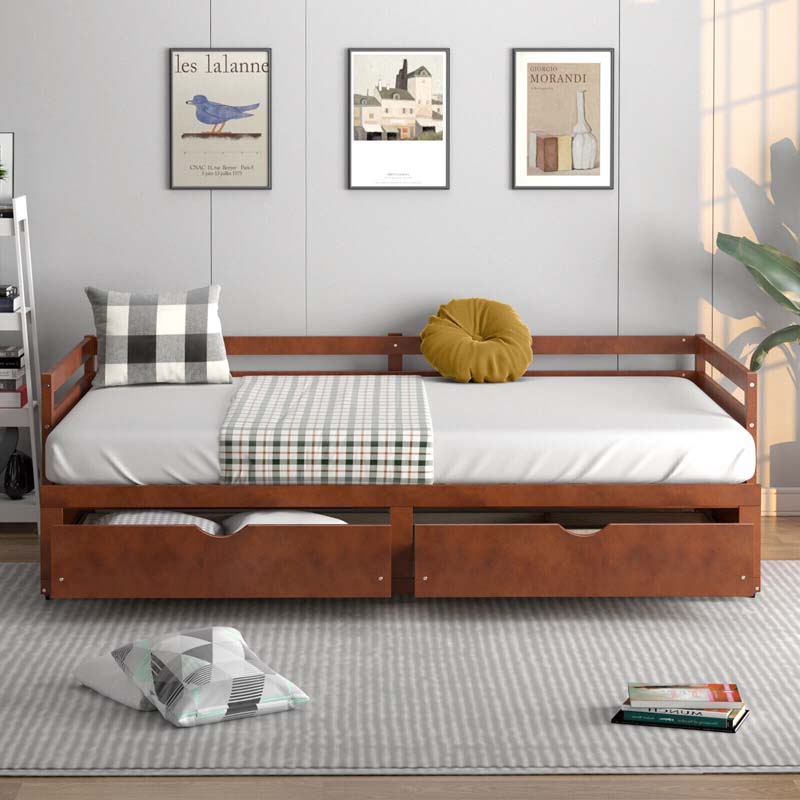 Extendable Twin to King Daybed with Trundle & 2 Storage Drawers, Dual-use Modern Sofa Bed with Roll Out Bed Frame