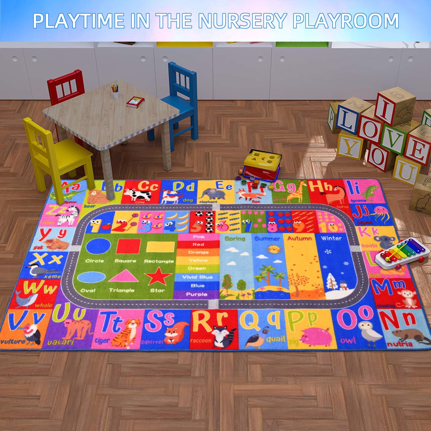 Homore Kids Learning Rugs Collection, Multicolor Kids Play Rugs ABC Numbers Shapes Educational Area Rug 35