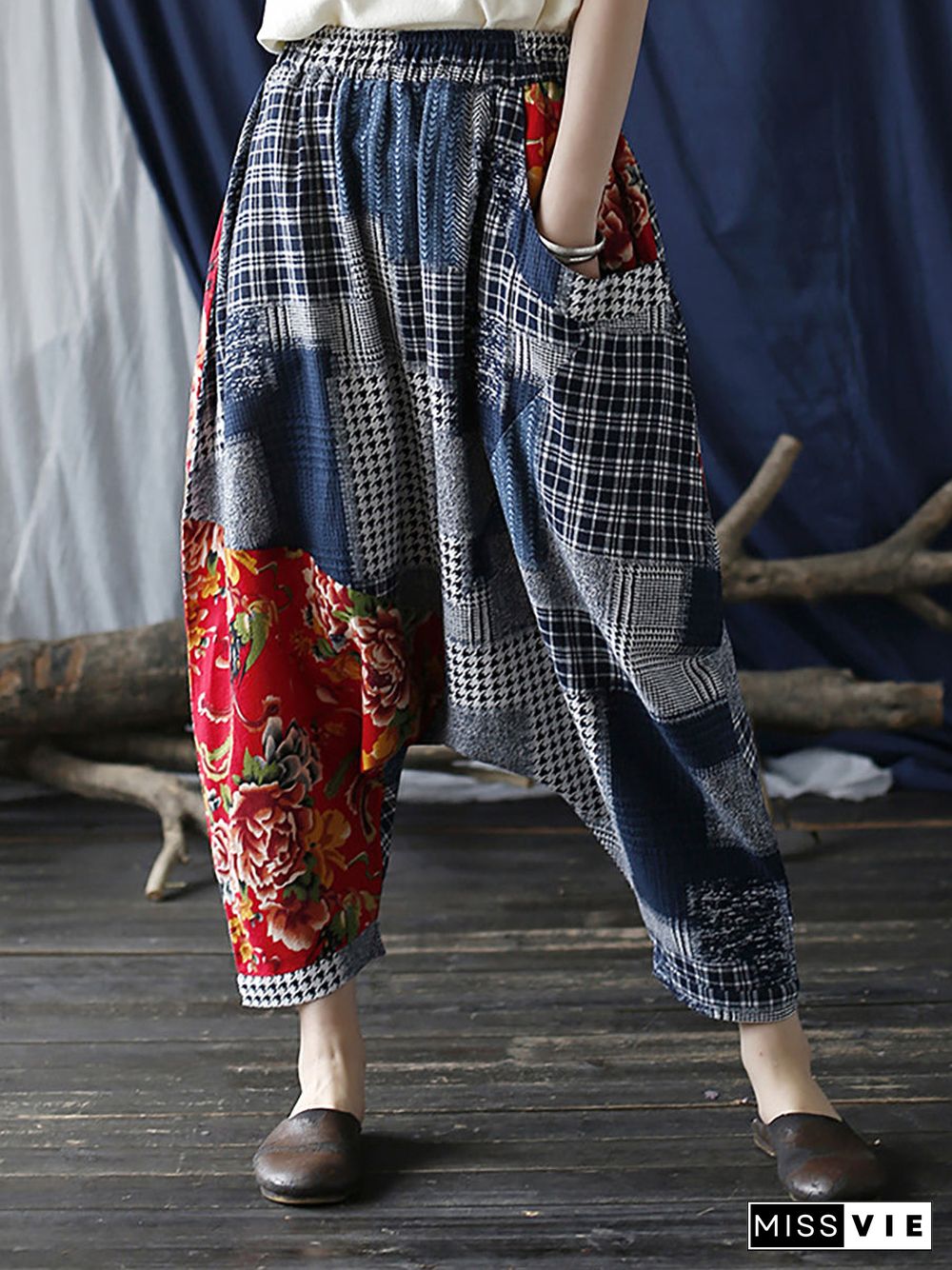 Plus Size Patchwork Plaid Women Casual Elastic Waist Pants