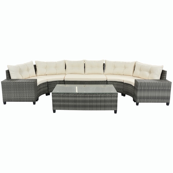 8pieces Outdoor Wicker Round Sofa Set，HalfMoon Sectional Sets All Weather，Curved Sofa Set With Rectangular Coffee Table