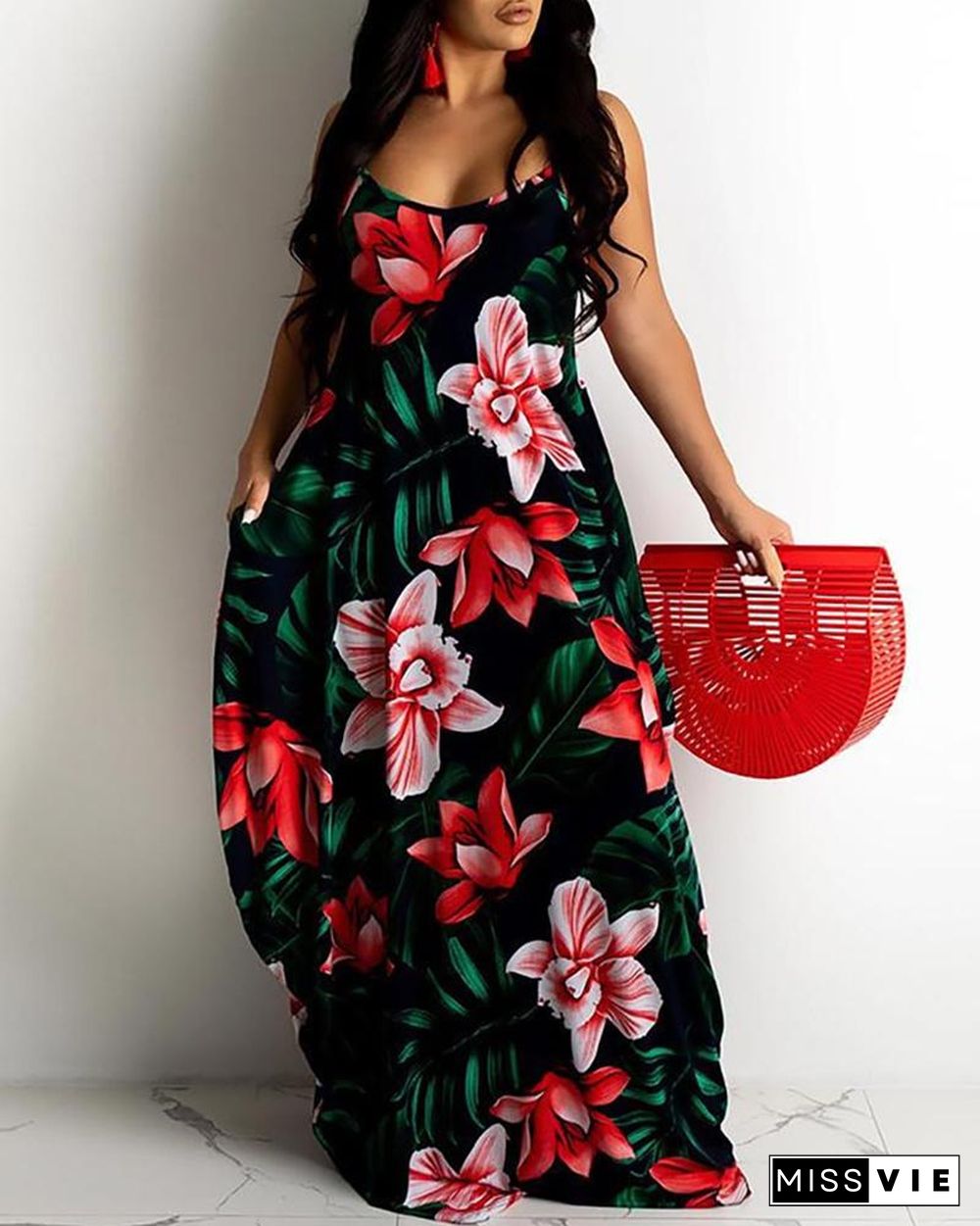 Floral Leaf Print Spaghetti Strap Maxi Dress