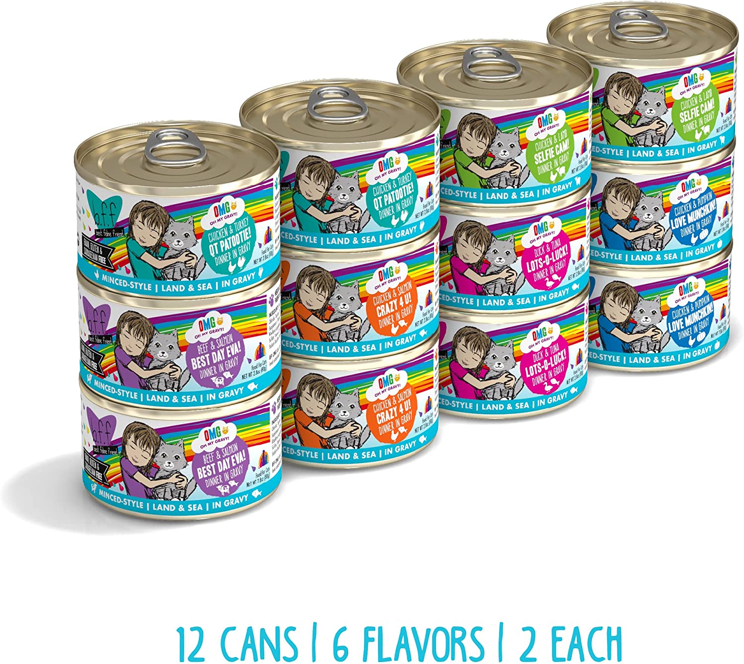 Weruva B.F.F. Omg - Best Feline Friend Oh My Gravy!， Variety Pack， Rainbow Road， Wet Cat Food By， 2.8Oz Cans (Pack Of 12)