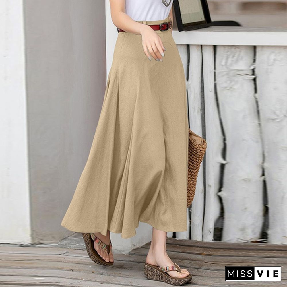 Plus Size Evening Cotton Skirt Midi Buttons Skirt Women Summer Fashion Elastic Waist Dress