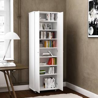 FUFUGAGA 70.9 in. H White Wood Bookcase Bookshelf with adjustable Shelves 2 door Cabinet and Wheels KF200174-01-KPL2