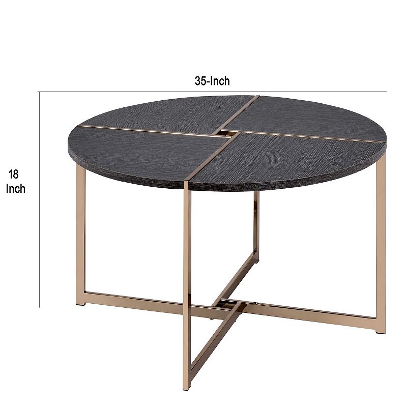 Coffee Table with X Shaped Metal Base and Round Wooden Top， Gold and Gray