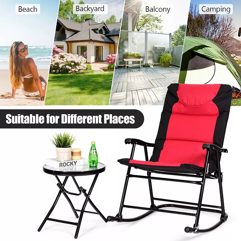 3 Pcs Outdoor Folding Rocking Chair Table Set with Cushion