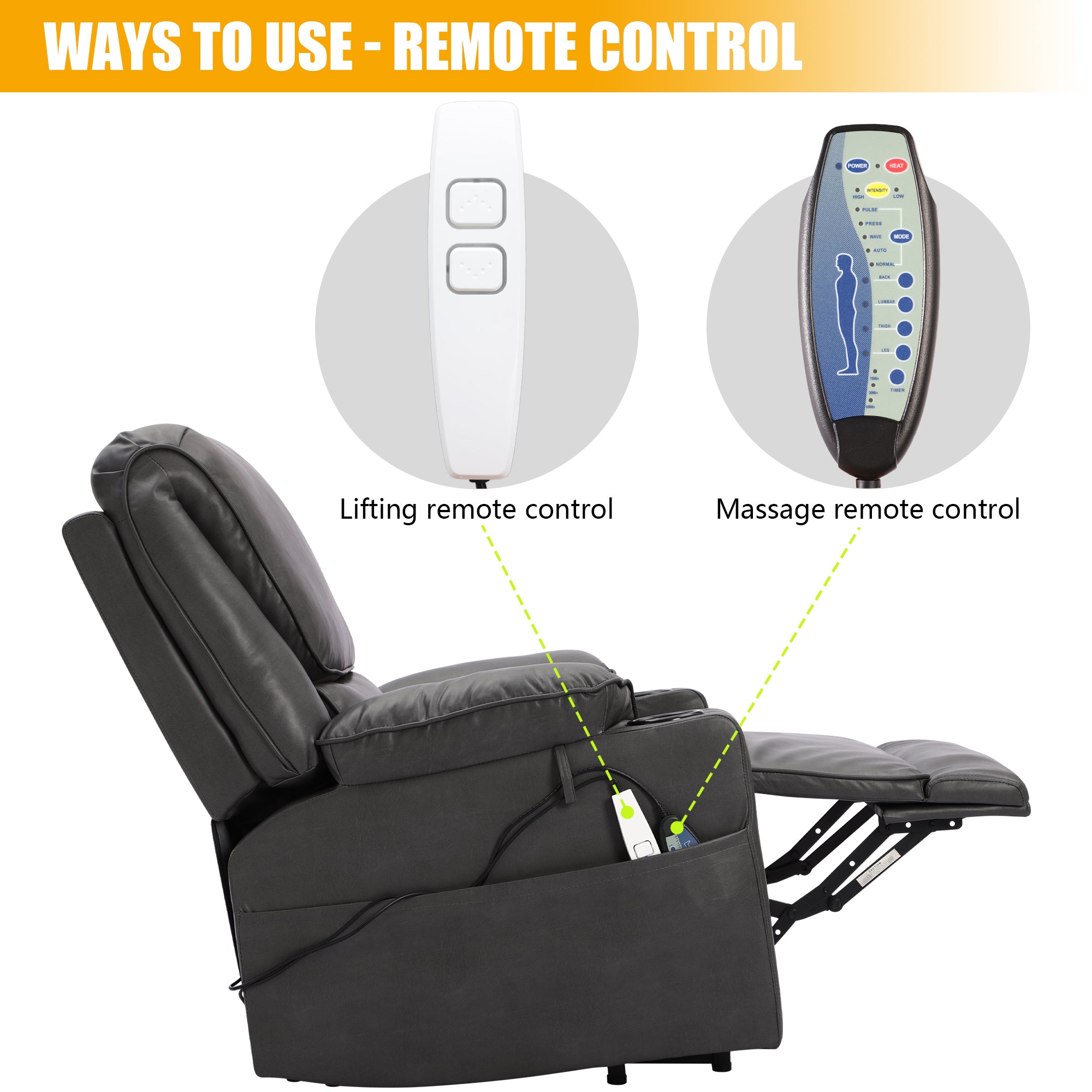 KIGOTY Power Lift Chair PU Electric Recliner for Elderly,Remote Control Recline & Lift & Massage,Light Gray