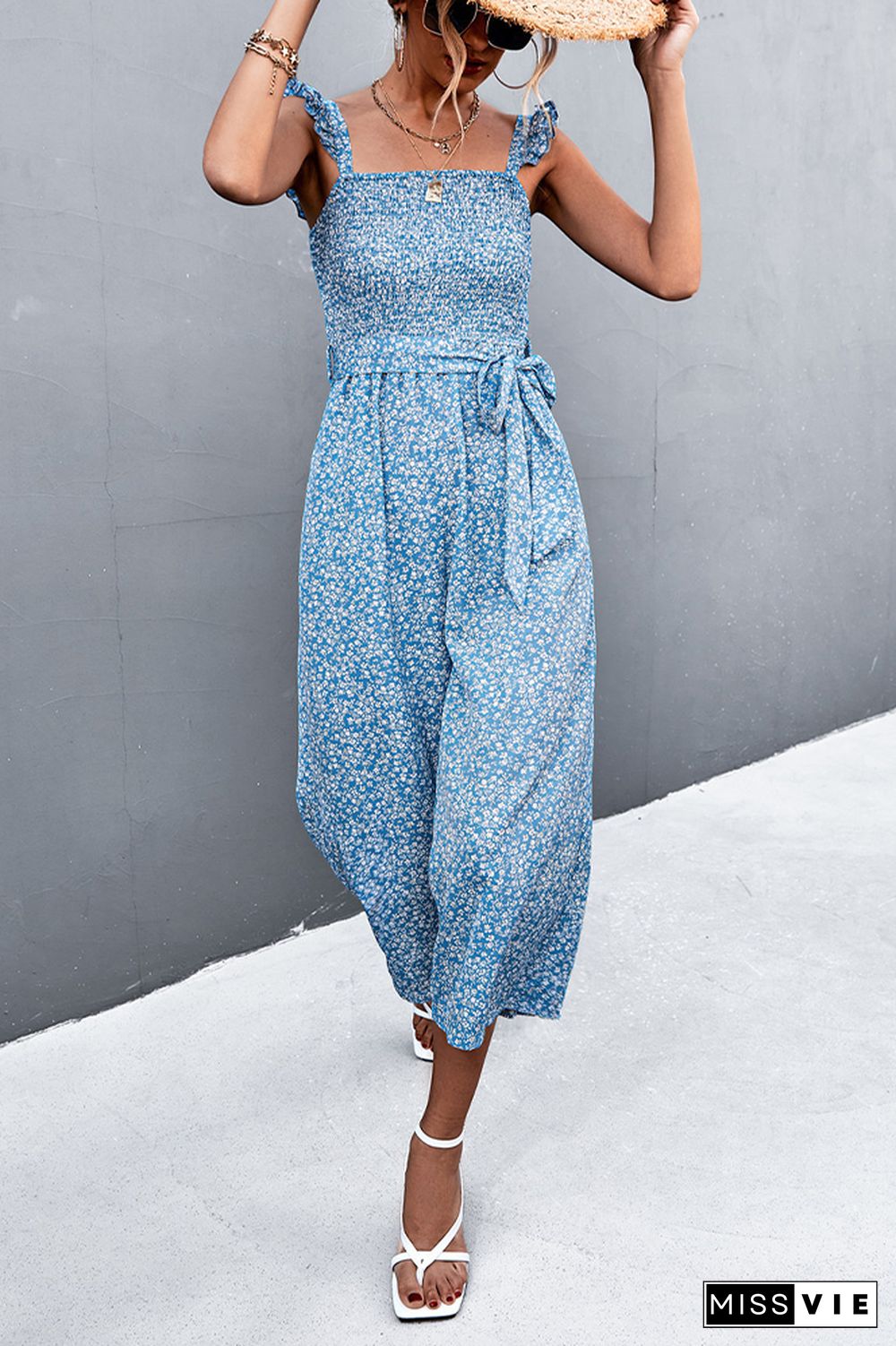 Floral Print Ruffles Strap Tie Waist Jumpsuit Wholesale