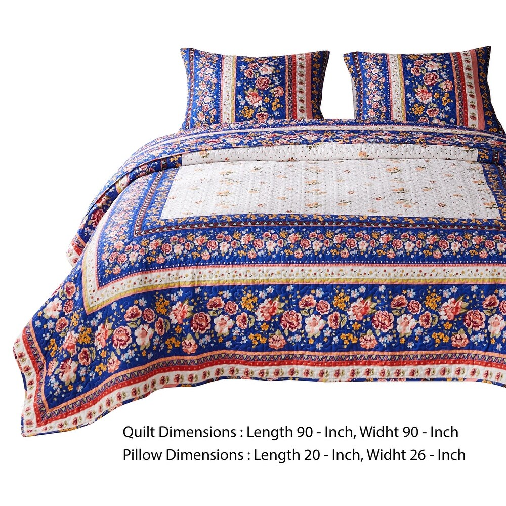 Loir 3 Piece Full Quilt Set with Floral Print  Multicolor