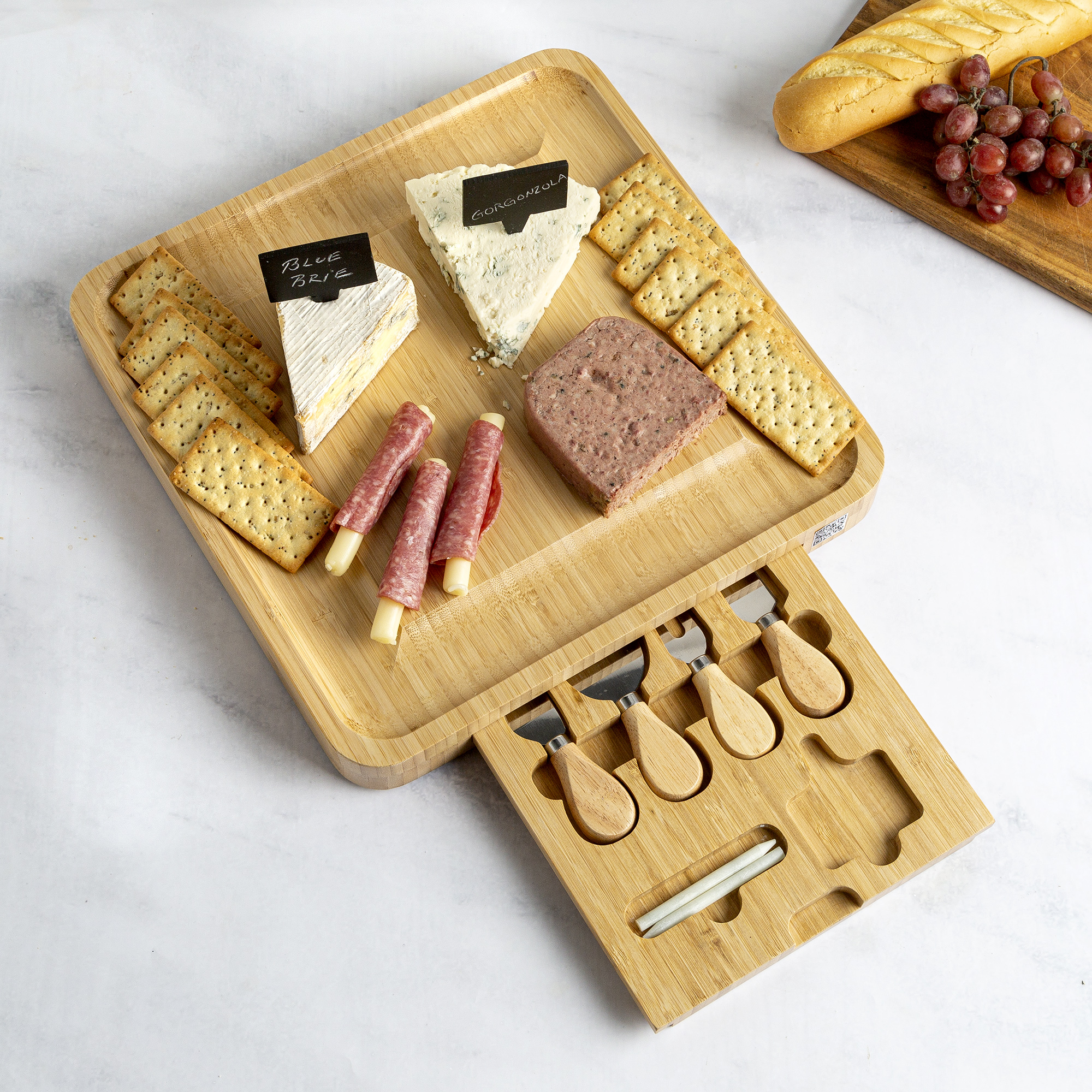 Tasty Natural Bamboo Cheese Board and Charcuterie Tray with Hidden Drawer， Utensils， Markers， and Chalk， 13