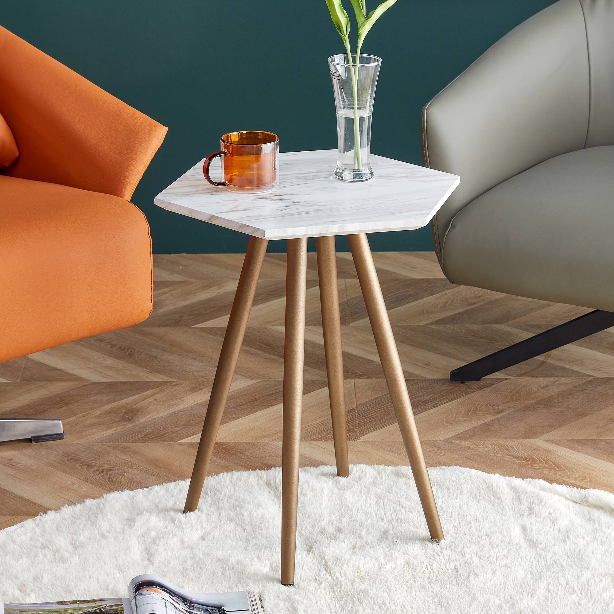 Modern Minimalism Faux Marble End Side Table Accent Coffee Table Hexagon Nightstand for Living Room Bedroom Small Space