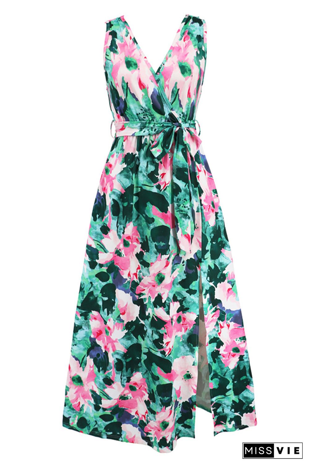 Wrap V Neck High Split Sleeveless Floral Maxi Dress