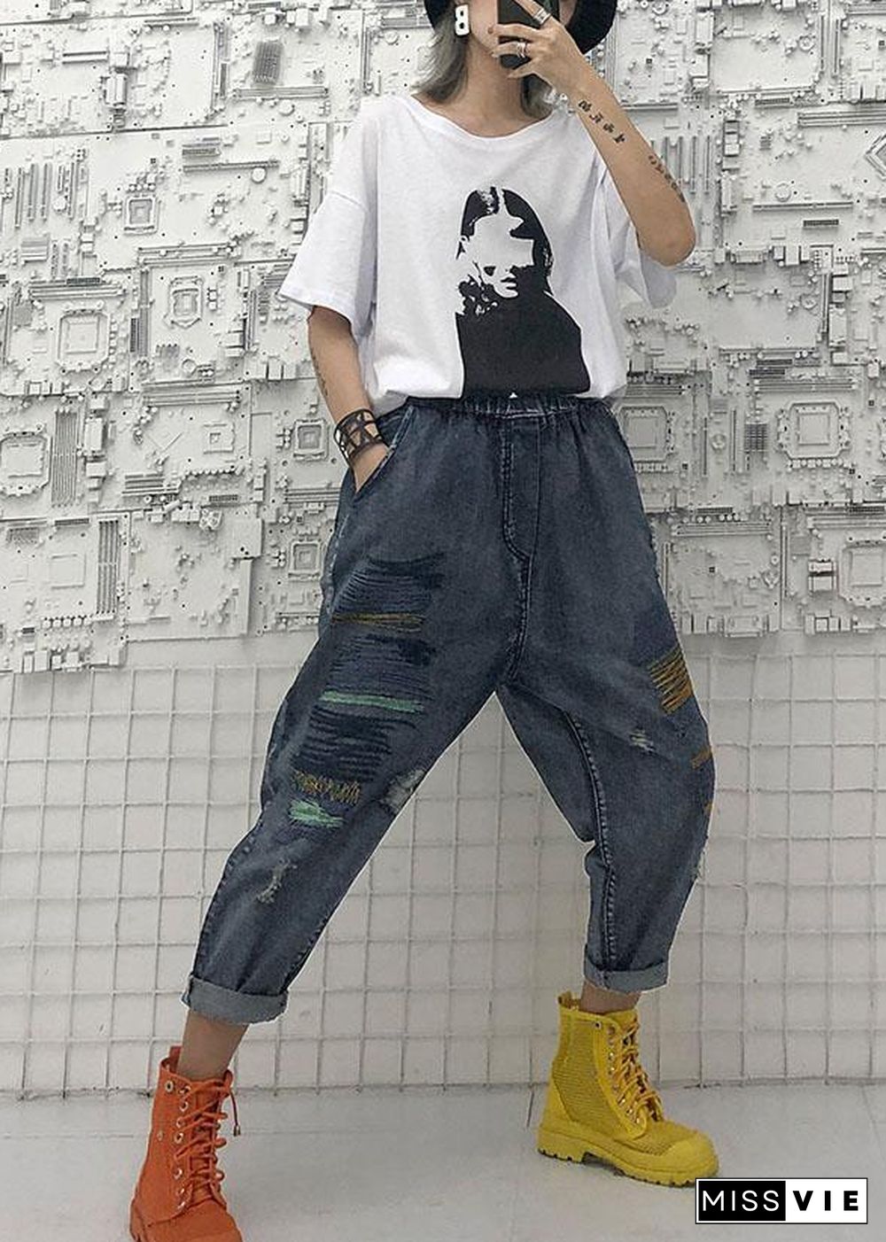 High waist summer nine points embroidery vintage broken hole carrot pants