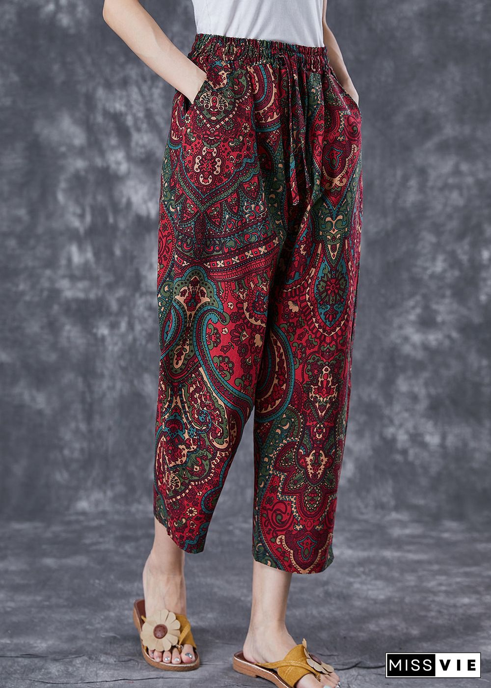 Casual Red Oversized Pockets Print Linen Pants Trousers Summer