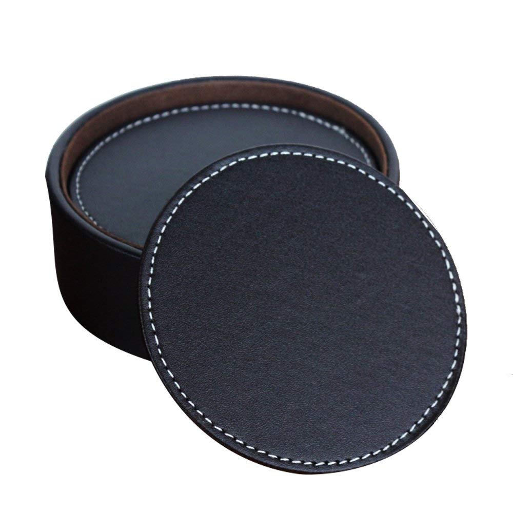 Set of 6 Leather Drink Coasters Round Cup Mat Pad for Home and Kitchen Use Black