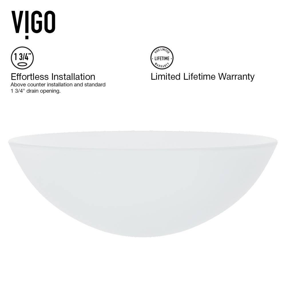 VIGO Glass Round Vessel Bathroom Sink in Frosted White with Waterfall Faucet and Pop-Up Drain in Brushed Nickel VGT036BNRND