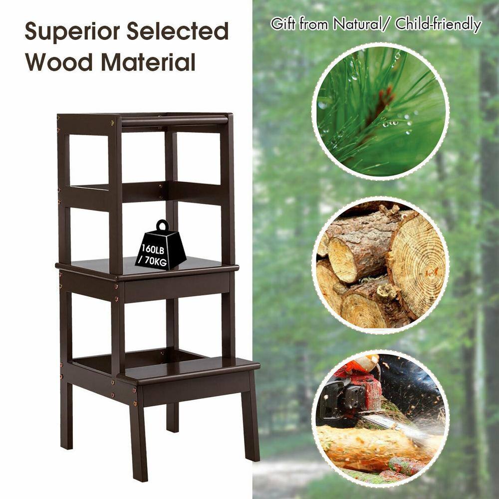 WELLFOR 2-Step Pine Wood Step Stool 330 lbs. Learning Toddler Tower with Safety Rail in Brown BB-HGY-5551CF