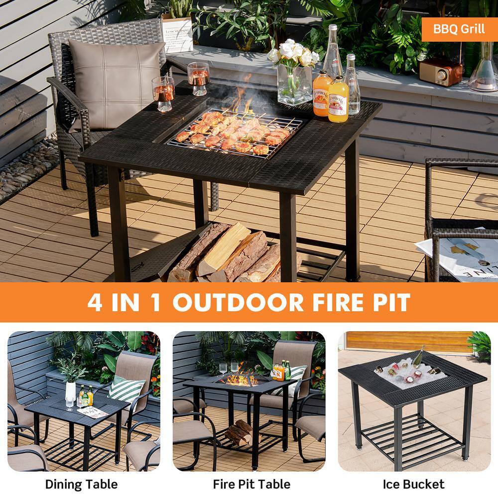 Costway 31 in. Outdoor Steel Fire Pit Dining Table Charcoal Wood Burning WCooking BBQ Grate OP70937