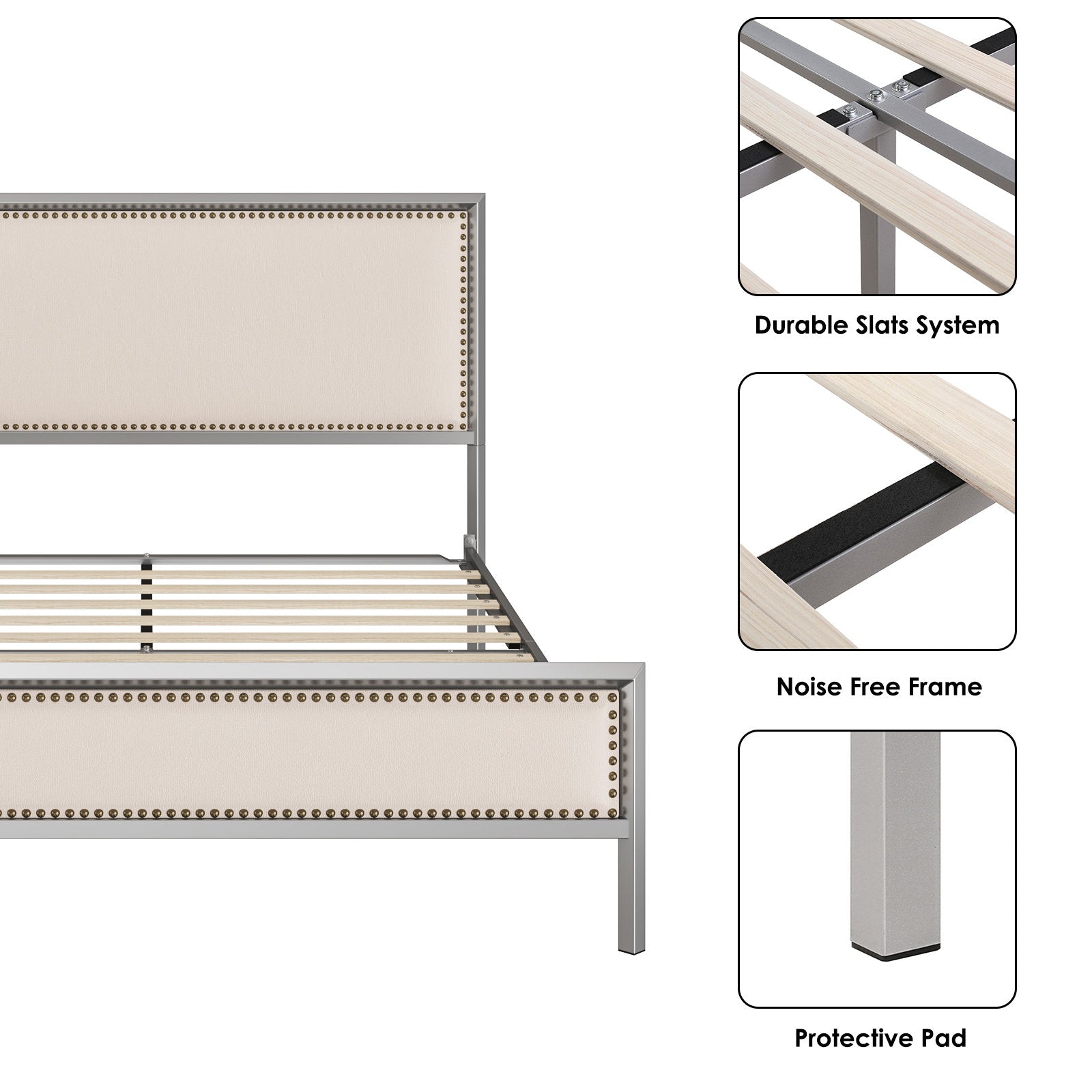 Homfa Queen Size Bed Frame, Modern Metal Framed Bed with Button Linen Tufted Upholstered Headboard, Wooden Slat Support, Sliver