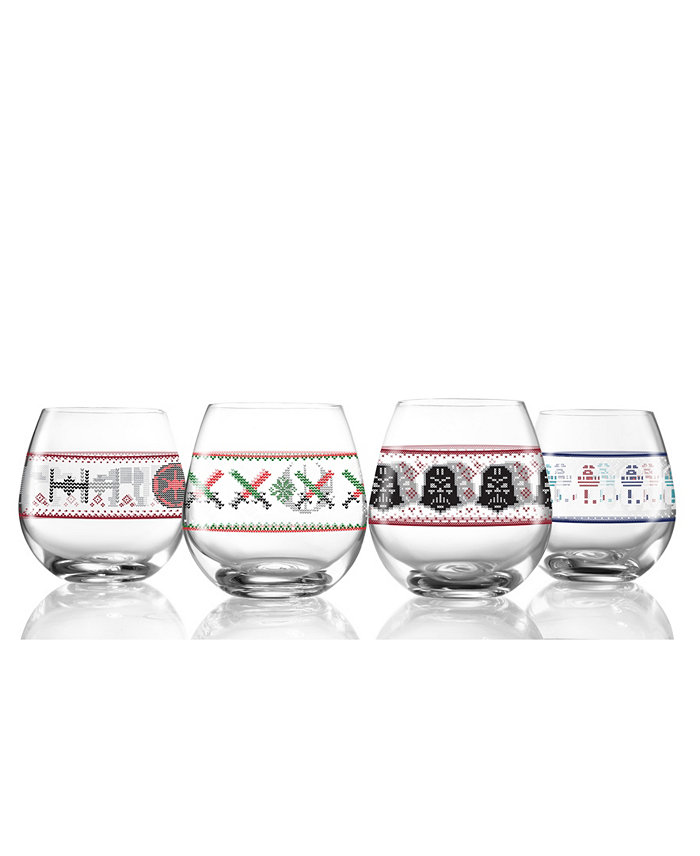 JoyJolt Star Wars Ugly Sweater Collection 15 oz Stemless Drinking Glass Set of 4