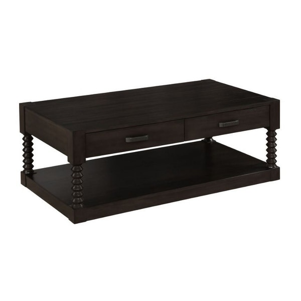 Mika 48 Inch Classic 2 Drawer Coffee Table with Shelf， Spindle Posts， Brown