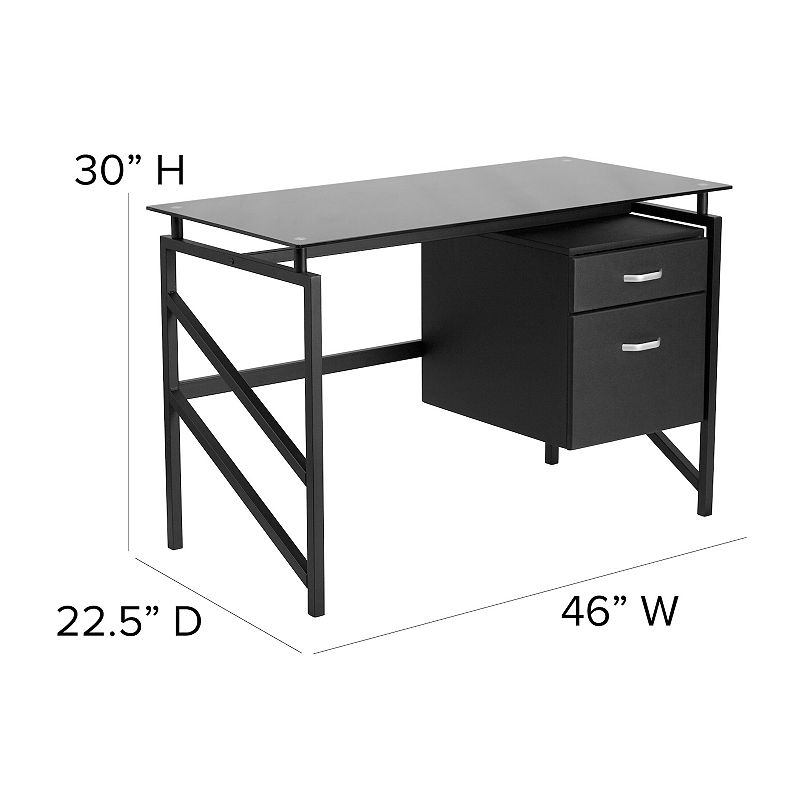 Emma and Oliver Two Drawer Pedestal Desk with Tempered Glass Top and Metal Frame