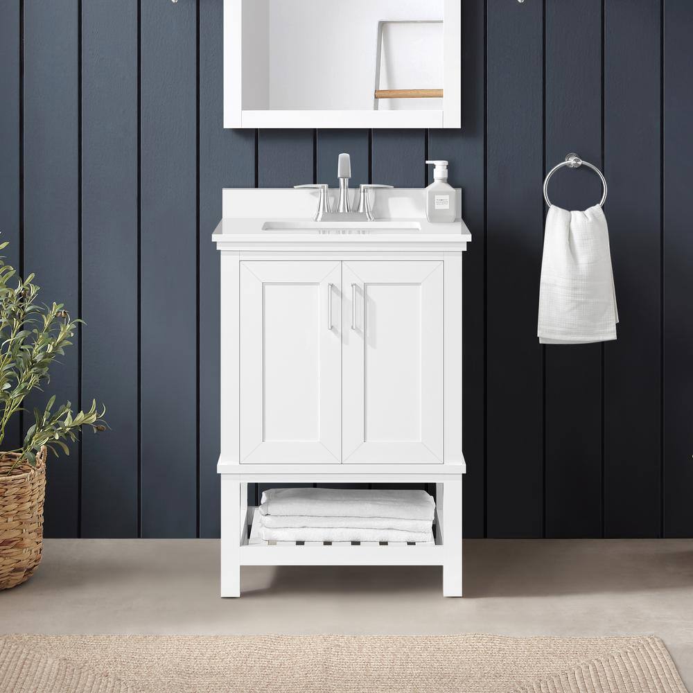 Home Decorators Collection Tupelo 24 in. W x 19 in. D x 34.50 in. H Freestanding Bath Vanity in White with White Engineered Stone Top Tupelo 24W