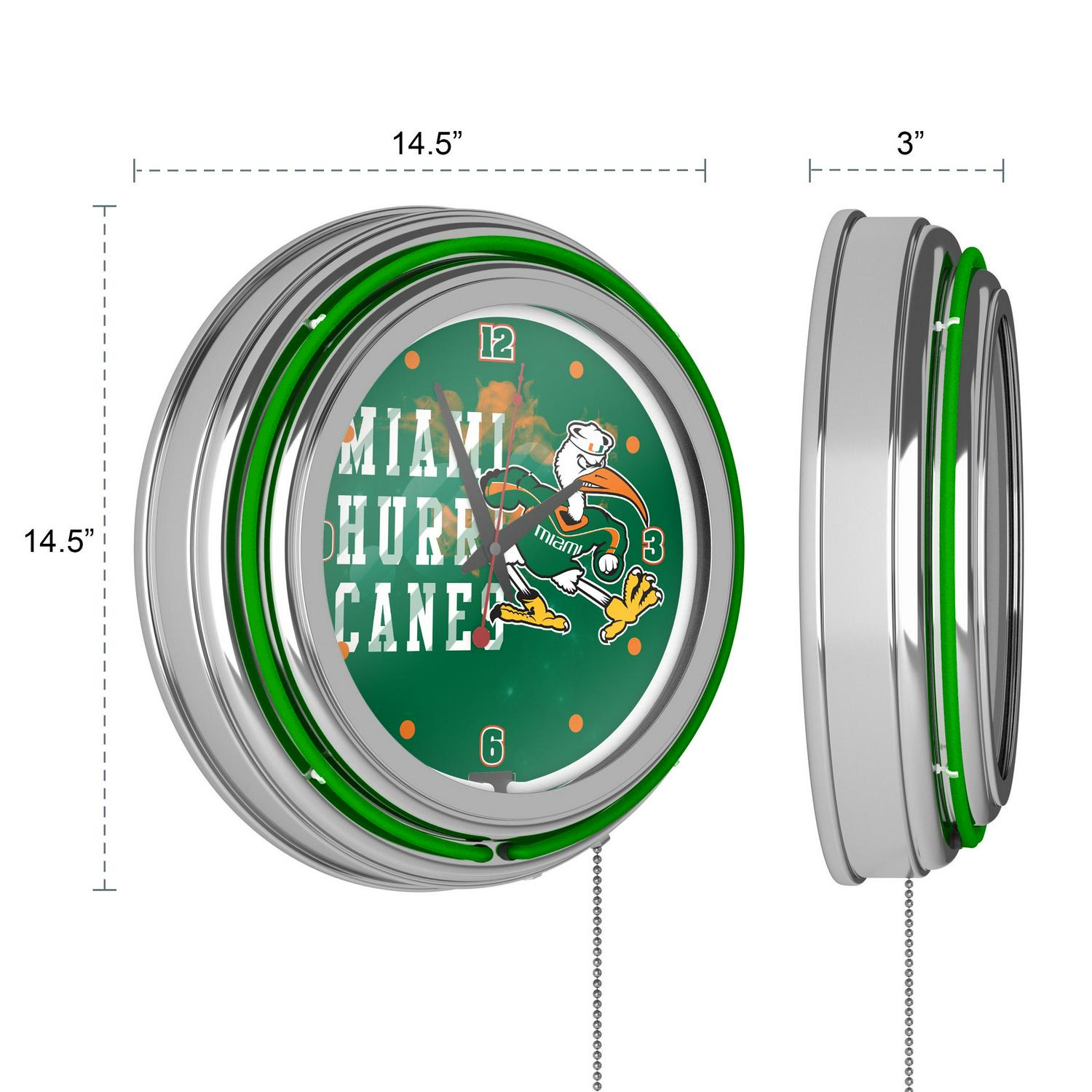 University of Miami Chrome Double Rung Neon Clock  Smoke