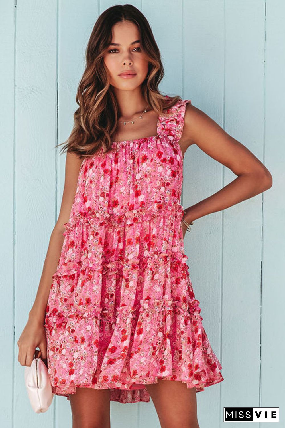 Red Tiered Ruffled Square Neck Sleeveless Floral Mini Dress