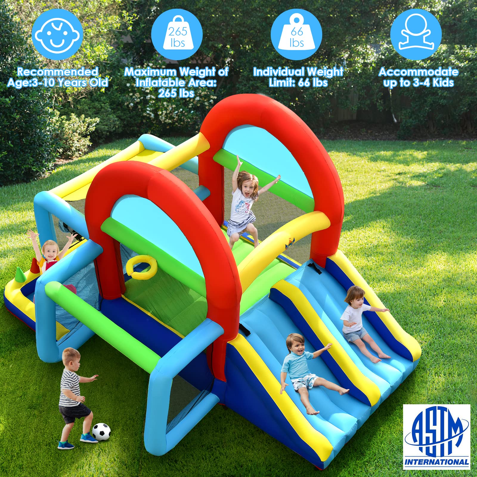 BOUNTECH 8 in 1 Inflatable Bounce House, Bouncy House for Kids 5-12 Ages Indoor Outdoor Party Family with Canopy, Obstacles