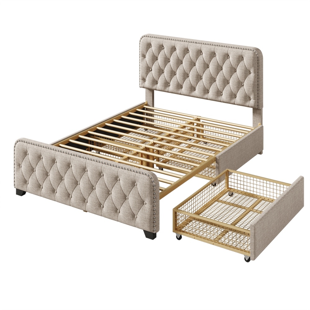 Full Upholstered Platform Bed Frame with Storage Drawers