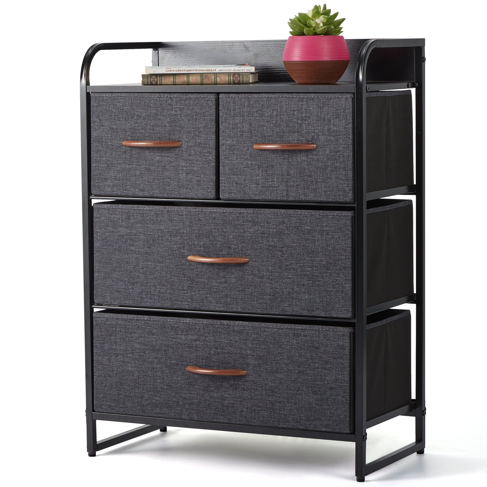 AVAWING Dresser for Bedroom with 4 Drawers,Fabric Dresser Tower for Closets,Bedroom, Hallway- Sturdy Steel Frame, Black Wooden Top(Grey)