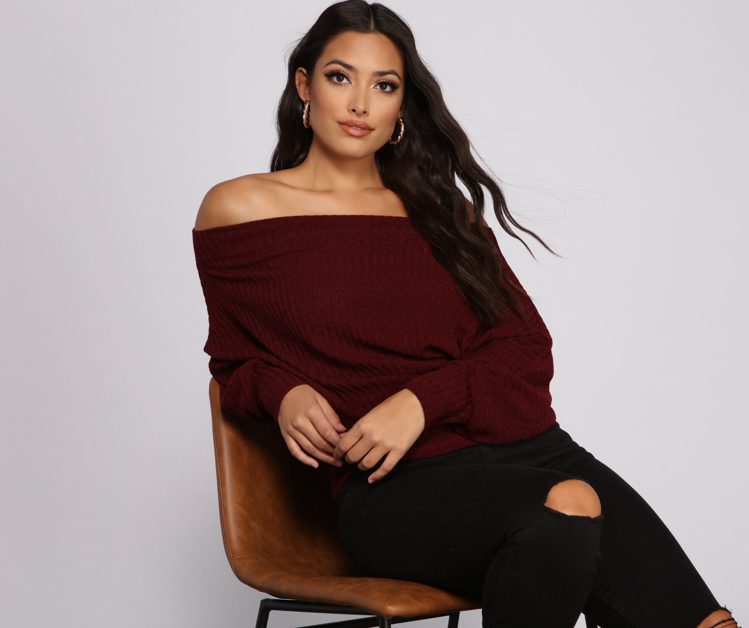 Ribbed Knit Off The Shoulder Tunic