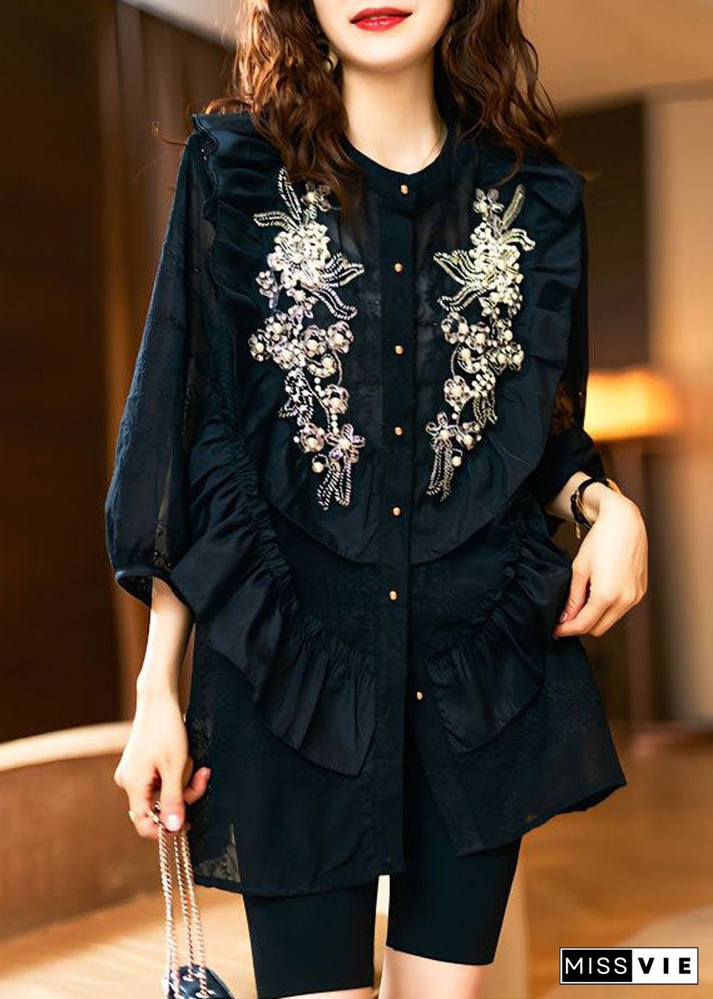 Unique Black Ruffled Nail Bead Patchwork Chiffon Shirts Spring