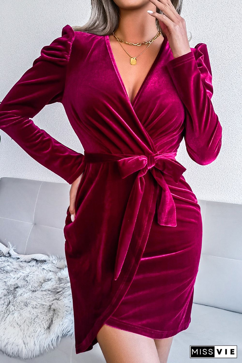 Puffy Sleeves Wrap V Neck Velvet Bodycon Dress