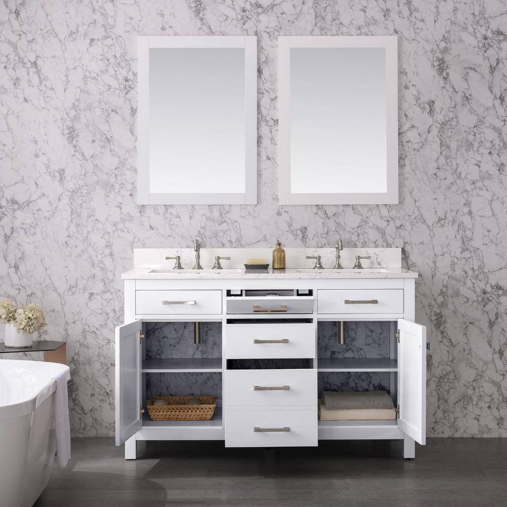 SUDIO Jasper 54 in. W x 22 in. D Bath Vanity in White with Engineered Stone Vanity Top in Carrara White with White Basins Jasper-54W-D