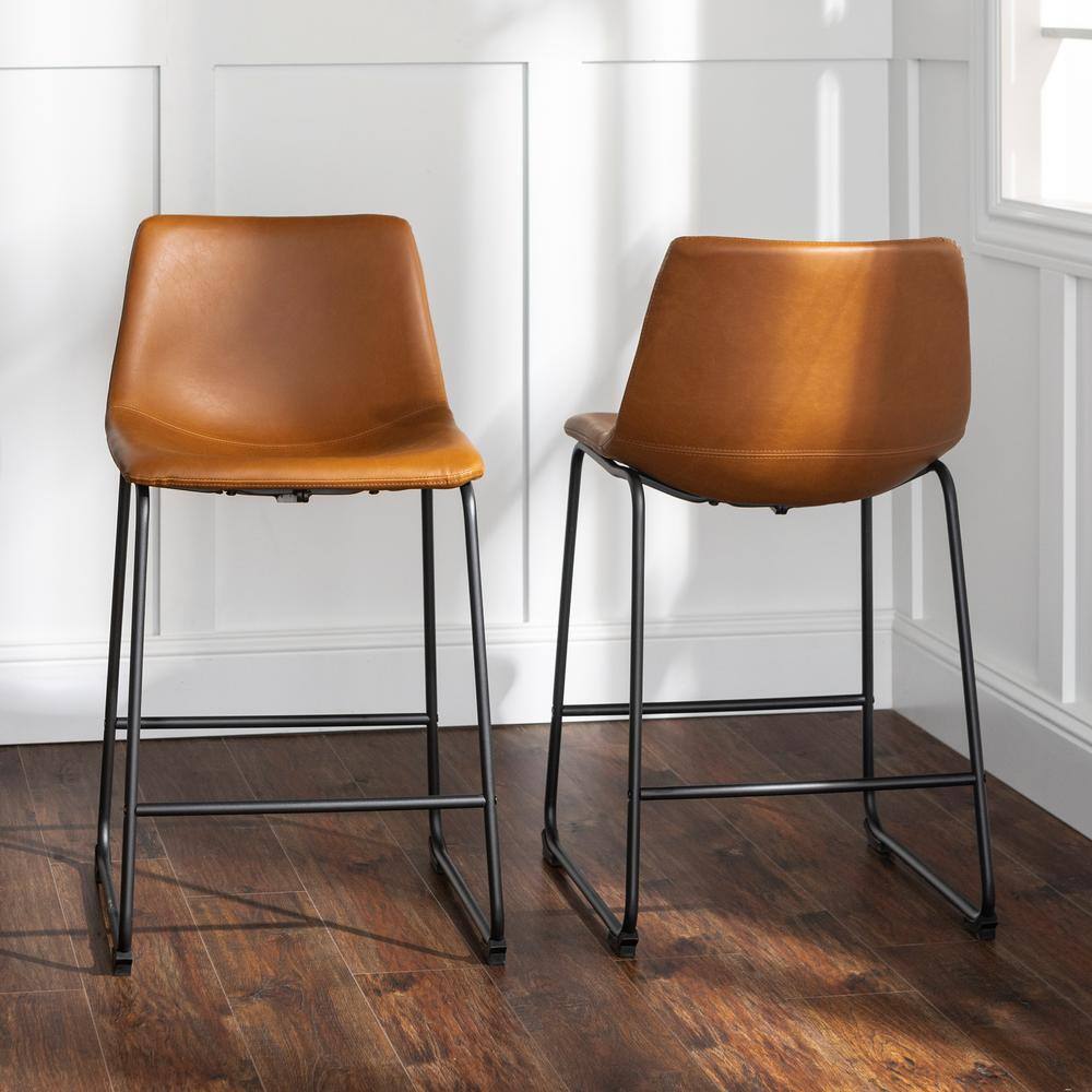 Walker Edison Furniture Company Wasatch 24 in. Whiskey Brown Low Back Metal Frame Counter Height Bar Stool with Faux Leather Seat (Set of 2) HDHL26WB