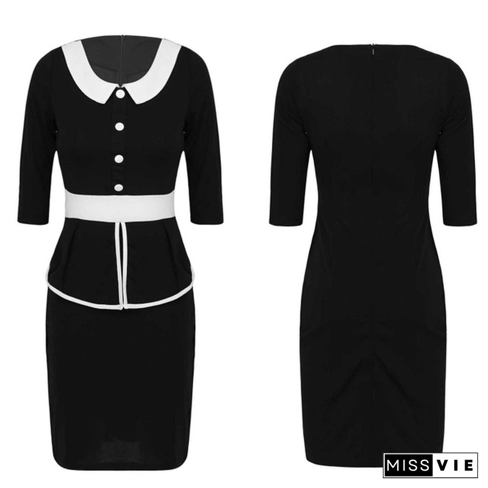 Office Ladies Attire Work Office Dresses One-Piece Round Ruffle Lapel Collar 3/4 Sleeve Slim Bodycon Pencil Outfits