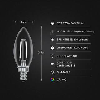 Feit Electric 40-Watt Equivalent B10 E12 Candelabra Dim White Filament Clear Glass Chandelier LED Light Bulb Soft White 2700K (3-Pack) CTC40927CAWFILHDRP3