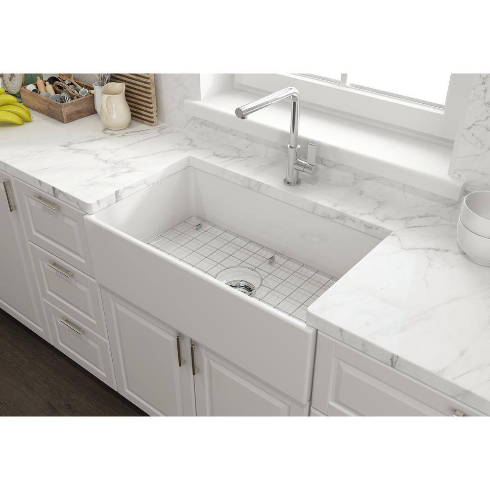 Glacier Bay White Fireclay 33 in. Single Bowl Farmhouse Apron-Front Kitchen Sink with Grid 2ACLB-52-001