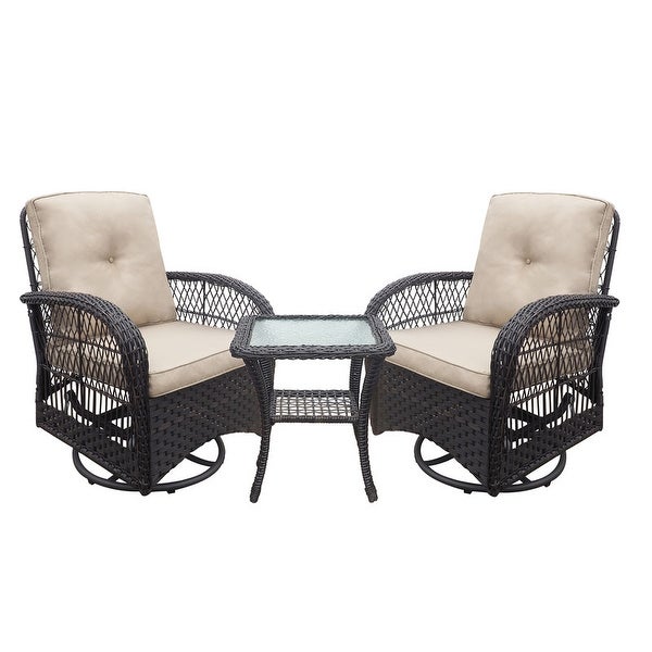 3-Pieces Conversation Set， Outdoor Wicker Rocker Swivel Patio Bistro Set， Rocking Chair with Glass Top Side Table for Garden - Overstock - 38006824