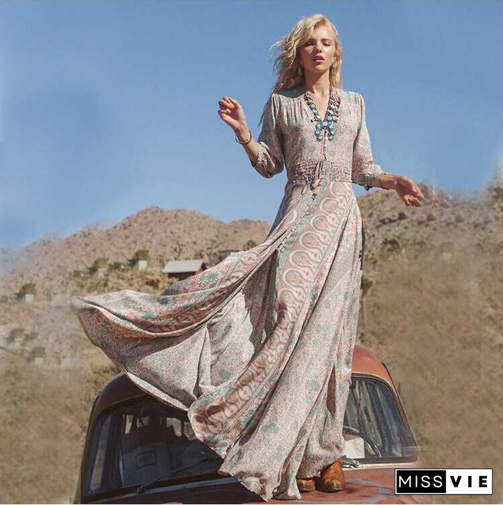 Elastic Waist Hippie Gypsy Floral Prints Double Thigh Split Maxi Dress Chiffon