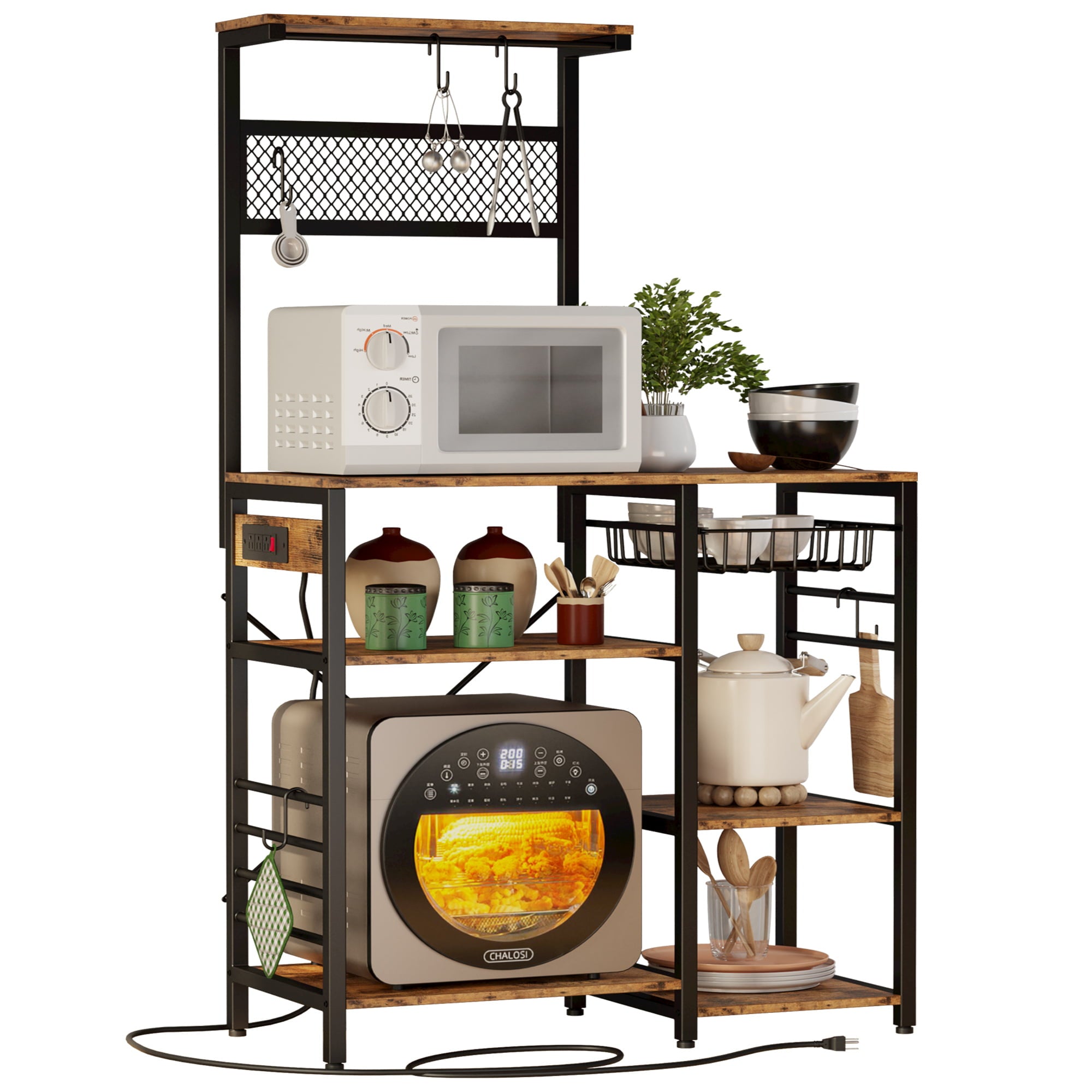 IRONCK Bakers Rack， Microwave Stand with Power Outlet， Industrial Coffee Bar  for Kitchen，  Vintage Brown