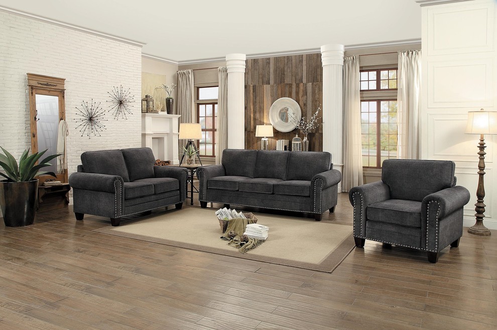 2 Piece Chermire Nail Trimmed Love Seat and Chair  Dark Gray Fabric   Transitional   Living Room Furniture Sets   by AMOC  Houzz