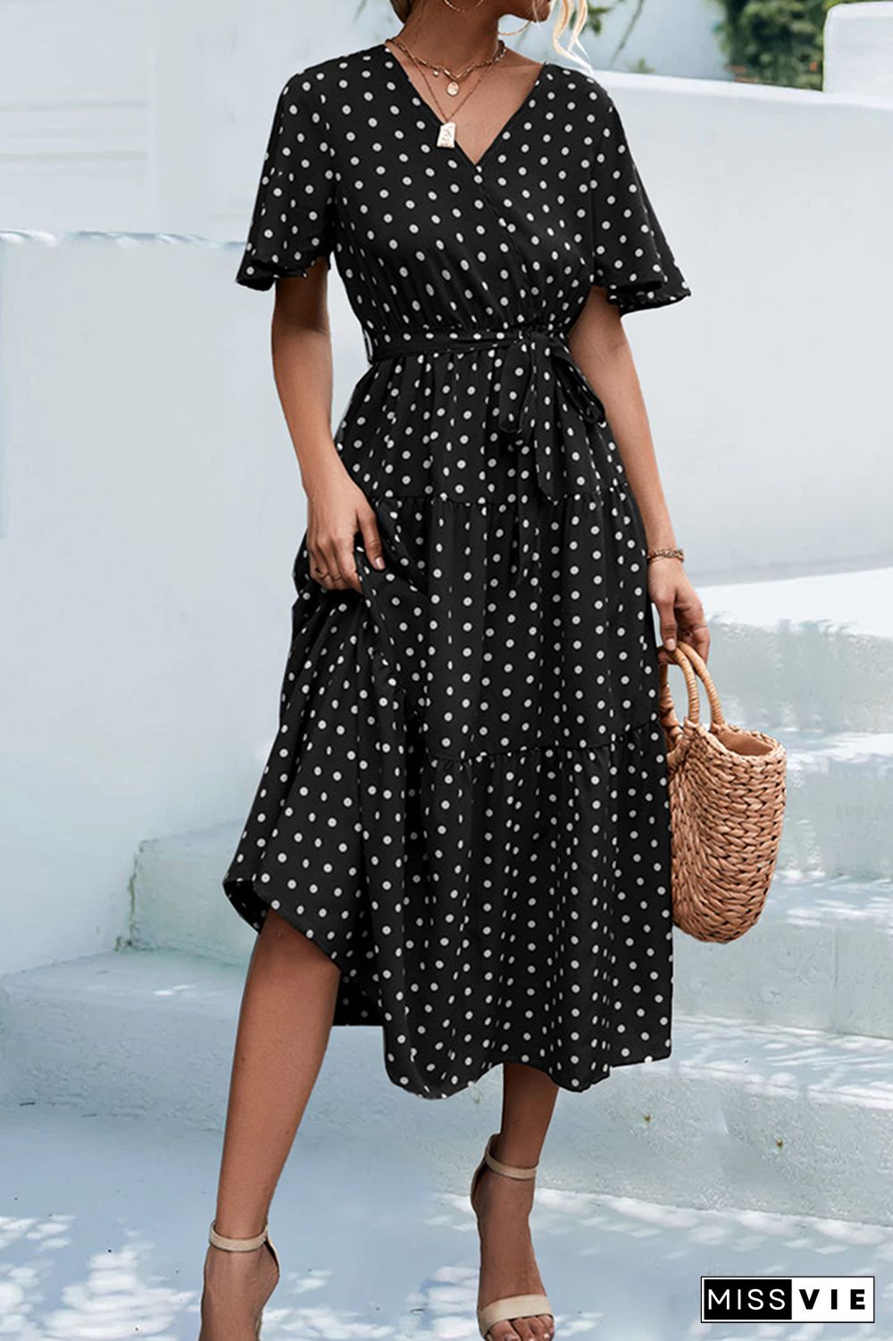 Polkadot V Neck Waist Tie Tiered Ruffle Dress