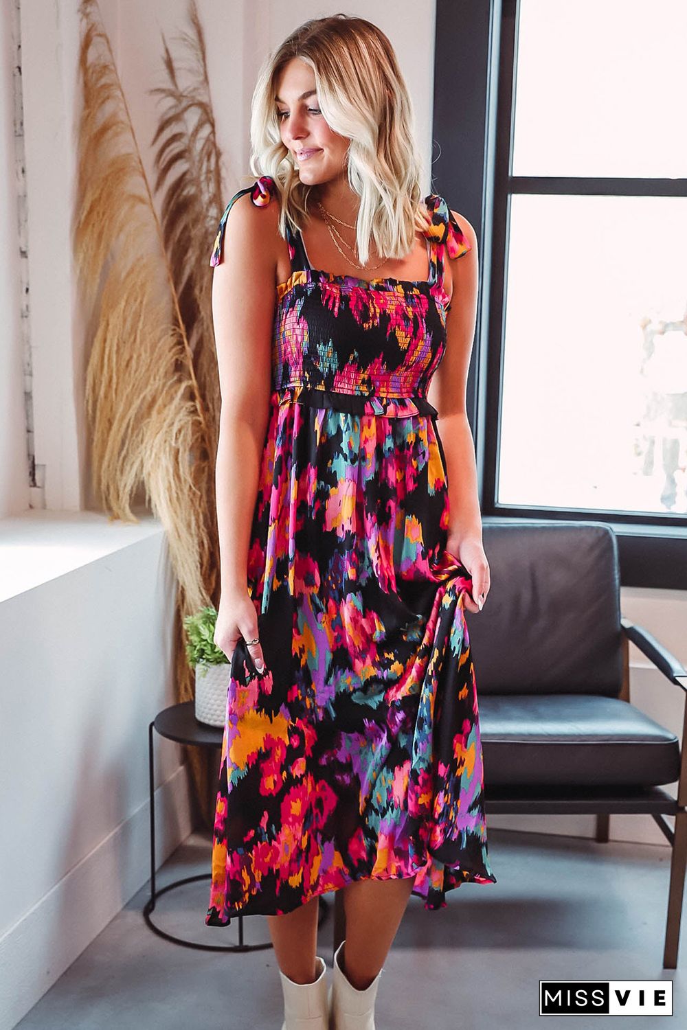 Black Smocked Tie-dye Print Midi Dress