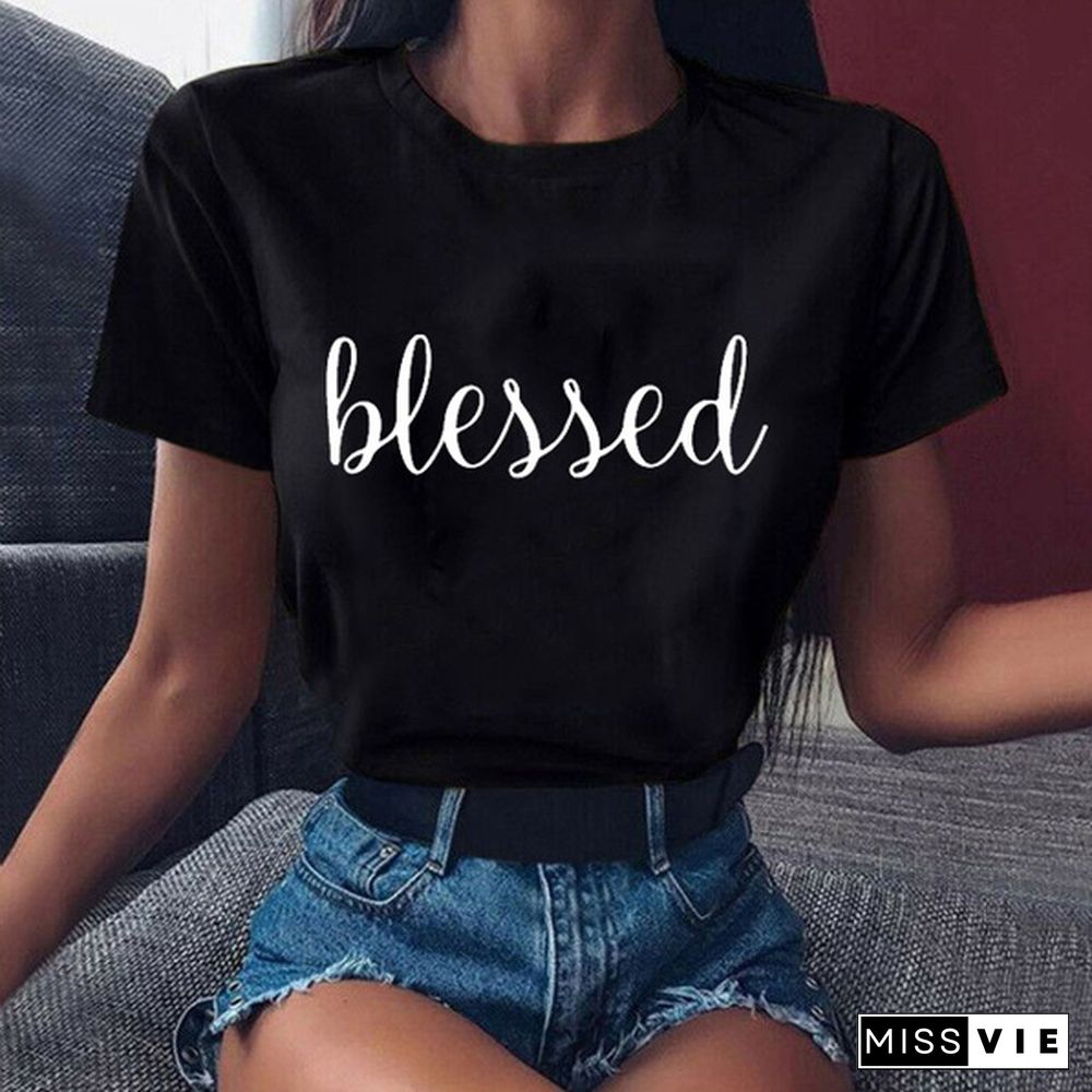 Women's Fashion Printed Blessed Print T-shirts Summer Casual Loose Round Neck Creative Personalized T-shirts